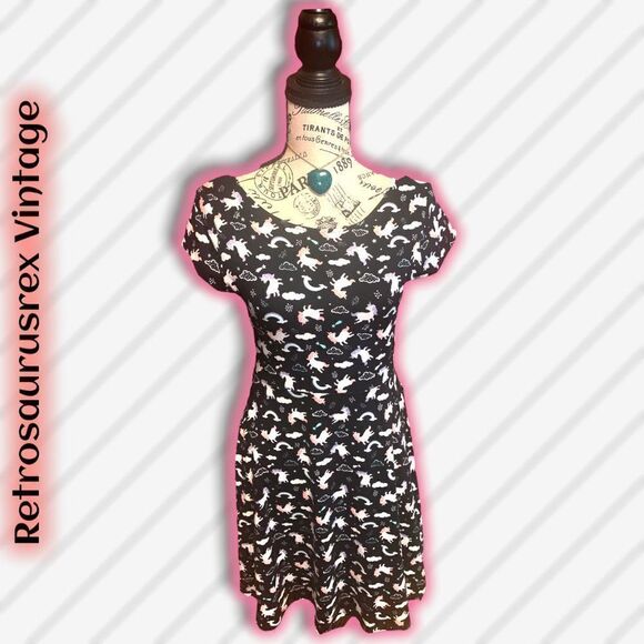 EMILY West Reversible Retro Neon Unicorn Kidcore Skater Dress, Small - Picture 2 of 10